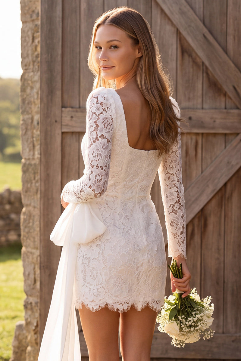 Load image into Gallery viewer, Lace Tight Ivory Corset Short Boho Wedding Dress with Bow