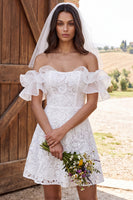 Load image into Gallery viewer, Ruffled Corset A Line Ivory Floral Lace Short Boho Wedding Dress