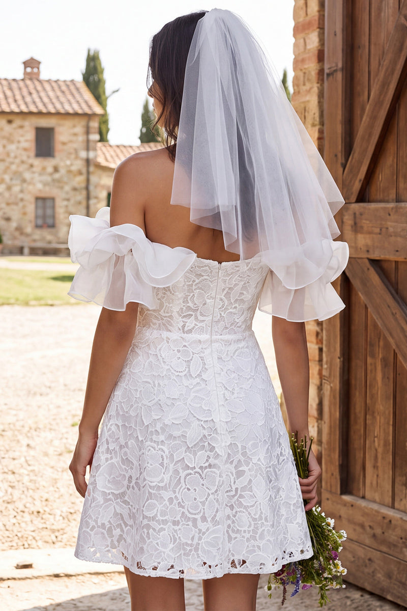 Load image into Gallery viewer, Ruffled Corset A Line Ivory Floral Lace Short Boho Wedding Dress