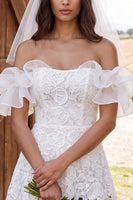Load image into Gallery viewer, Ruffled Corset A Line Ivory Floral Lace Short Boho Wedding Dress