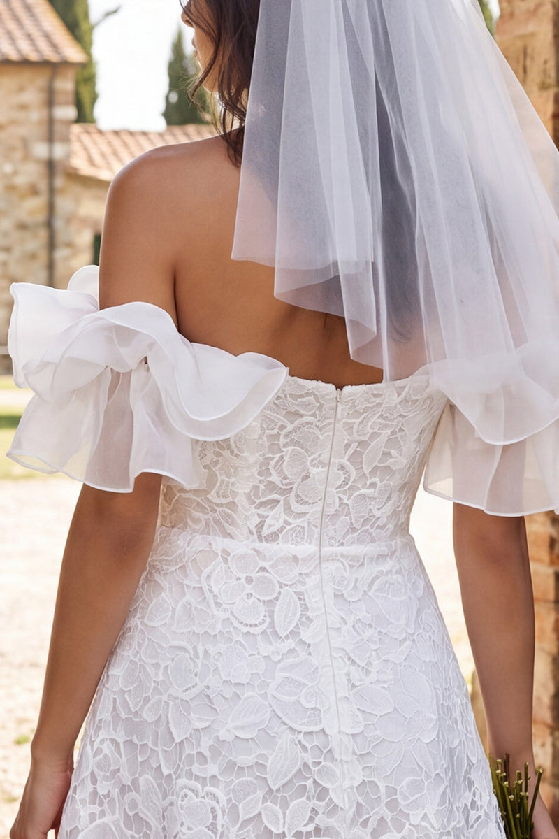 Load image into Gallery viewer, Ruffled Corset A Line Ivory Floral Lace Short Boho Wedding Dress