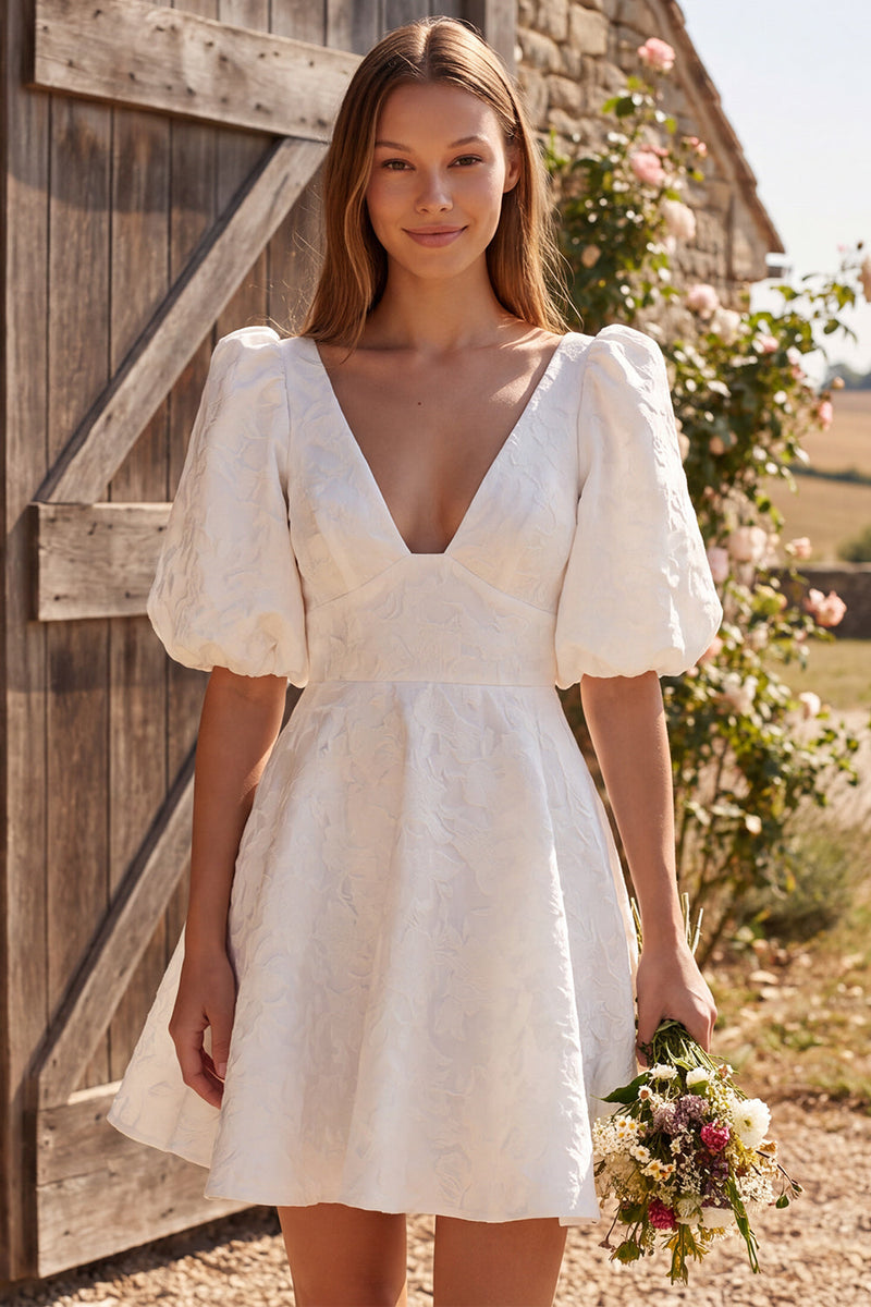Load image into Gallery viewer, Ivory A Line V-Neck Puff Sleeves Short Wedding Dress