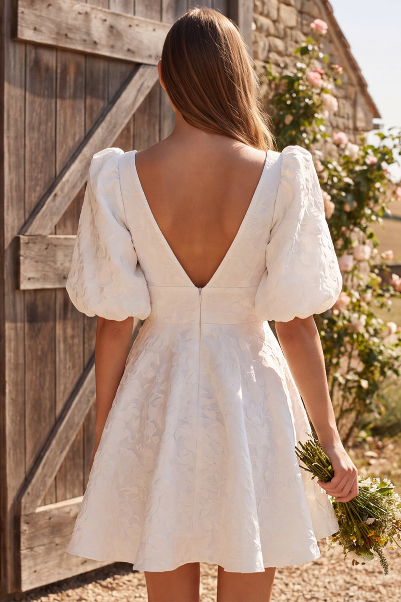 Load image into Gallery viewer, Ivory A Line V-Neck Puff Sleeves Short Wedding Dress