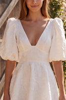 Load image into Gallery viewer, Ivory A Line V-Neck Puff Sleeves Short Wedding Dress