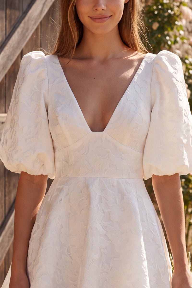 Load image into Gallery viewer, Ivory A Line V-Neck Puff Sleeves Short Wedding Dress