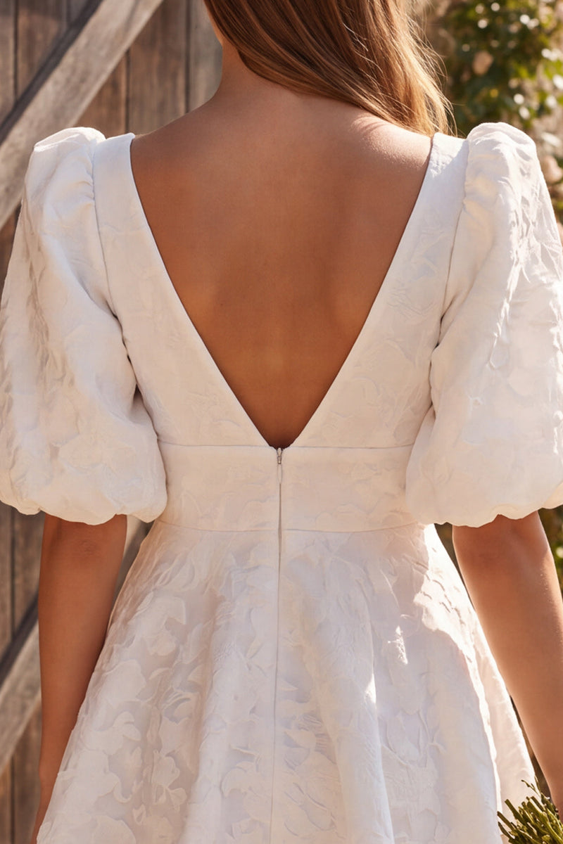 Load image into Gallery viewer, Ivory A Line V-Neck Puff Sleeves Short Wedding Dress