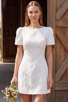 Load image into Gallery viewer, Ivory A Line Boat Neck Floral Short Wedding Dress with Sleeves