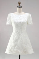 Load image into Gallery viewer, Ivory A Line Boat Neck Floral Short Wedding Dress with Sleeves