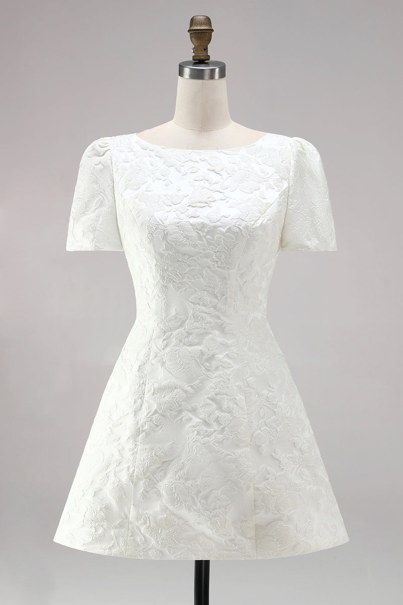 Load image into Gallery viewer, Ivory A Line Boat Neck Floral Short Wedding Dress with Sleeves