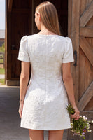 Load image into Gallery viewer, Ivory A Line Boat Neck Floral Short Wedding Dress with Sleeves