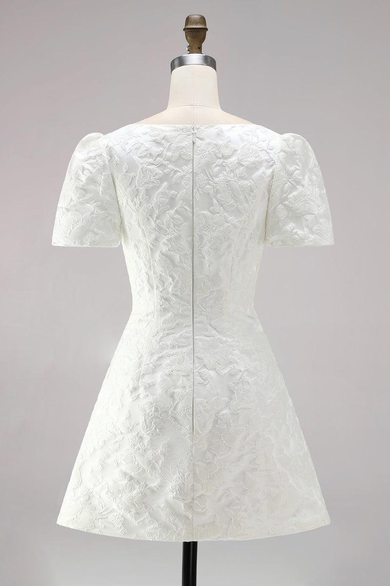 Load image into Gallery viewer, Ivory A Line Boat Neck Floral Short Wedding Dress with Sleeves