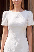 Load image into Gallery viewer, Ivory A Line Boat Neck Floral Short Wedding Dress with Sleeves