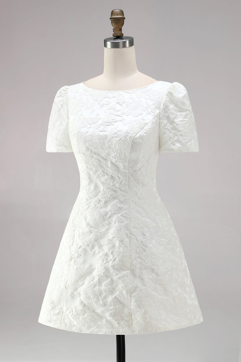 Load image into Gallery viewer, Ivory A Line Boat Neck Floral Short Wedding Dress with Sleeves