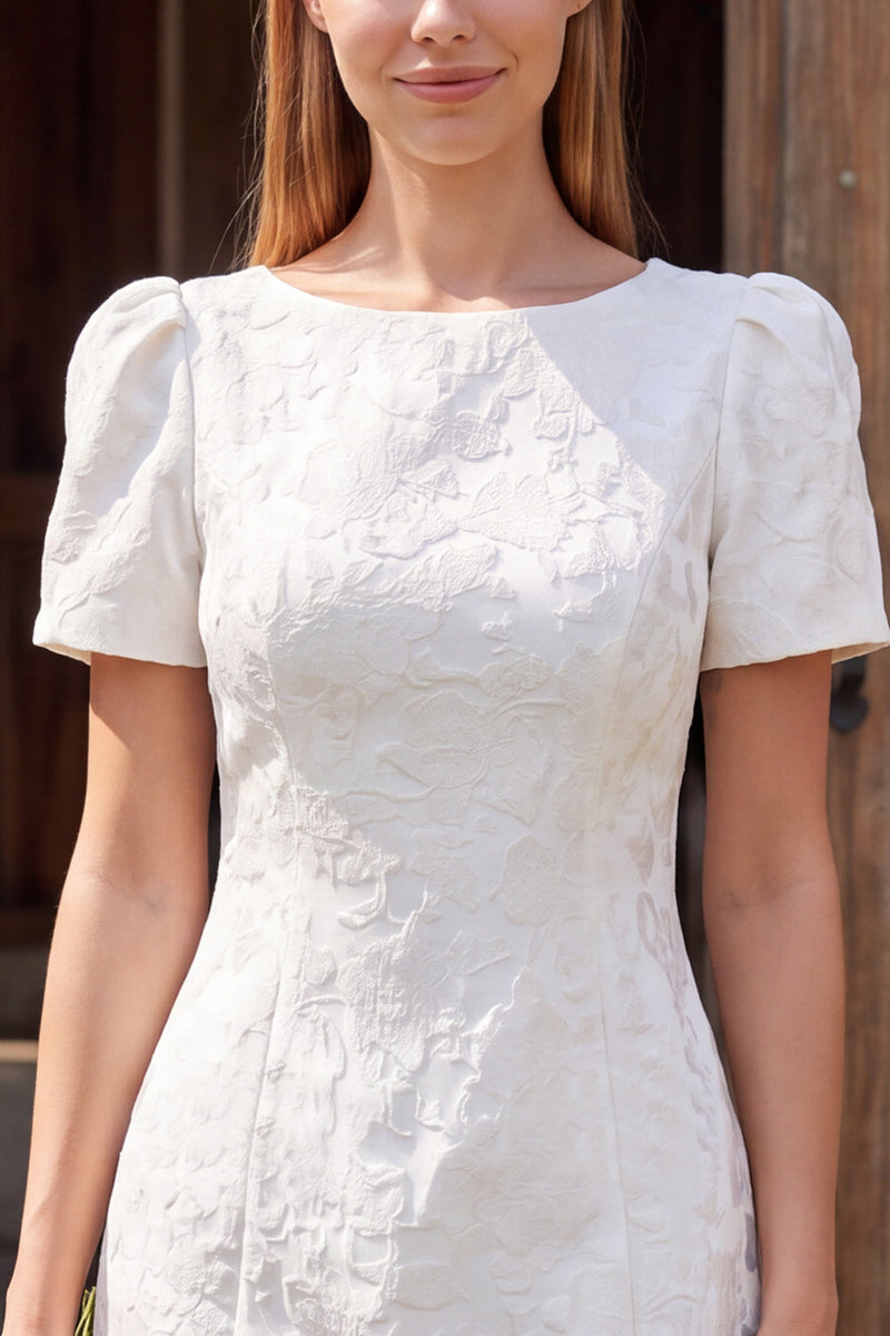 Load image into Gallery viewer, Ivory A Line Boat Neck Floral Short Wedding Dress with Sleeves