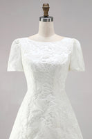 Load image into Gallery viewer, Ivory A Line Boat Neck Floral Short Wedding Dress with Sleeves