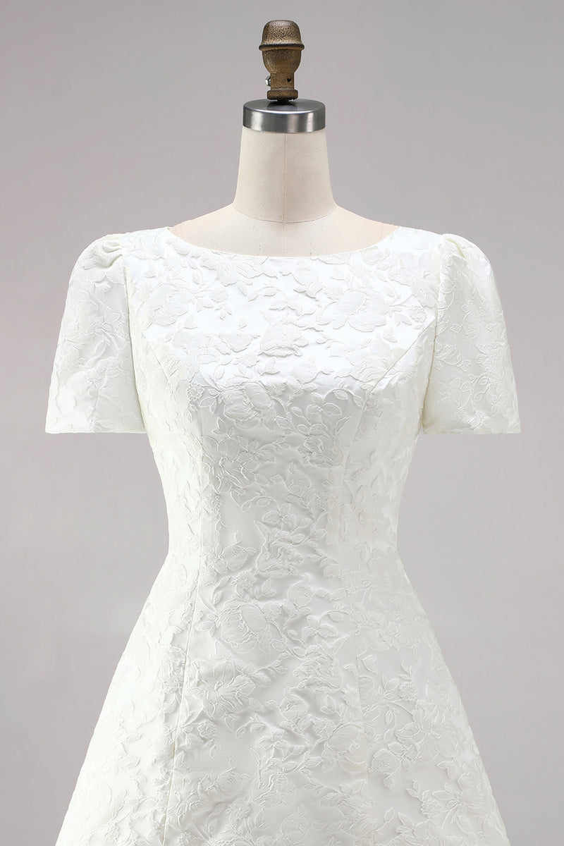 Load image into Gallery viewer, Ivory A Line Boat Neck Floral Short Wedding Dress with Sleeves