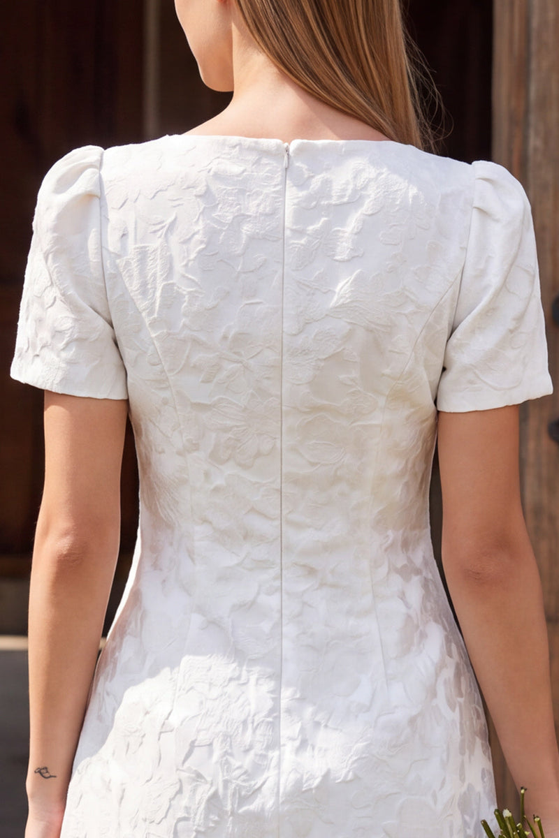 Load image into Gallery viewer, Ivory A Line Boat Neck Floral Short Wedding Dress with Sleeves