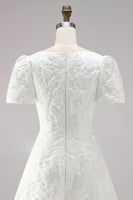 Load image into Gallery viewer, Ivory A Line Boat Neck Floral Short Wedding Dress with Sleeves