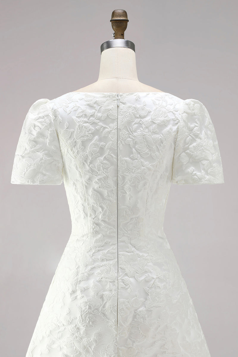 Load image into Gallery viewer, Ivory A Line Boat Neck Floral Short Wedding Dress with Sleeves