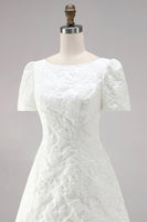 Load image into Gallery viewer, Ivory A Line Boat Neck Floral Short Wedding Dress with Sleeves