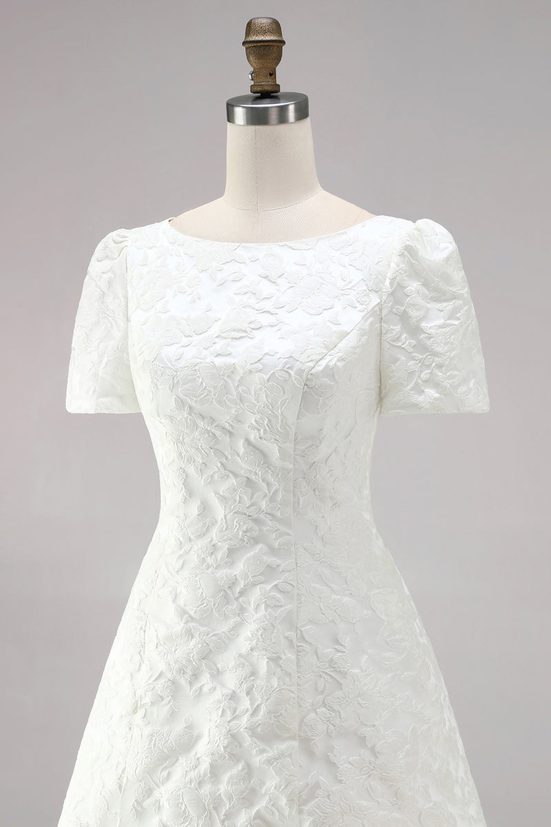 Load image into Gallery viewer, Ivory A Line Boat Neck Floral Short Wedding Dress with Sleeves