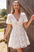 Load image into Gallery viewer, Floral A Line Ivory V-Neck Short Wedding Dress with Sleeves
