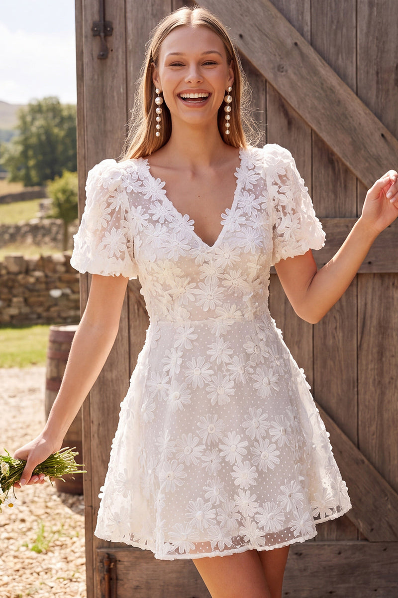 Load image into Gallery viewer, Floral A Line Ivory V-Neck Short Wedding Dress with Sleeves