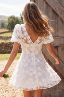 Load image into Gallery viewer, Floral A Line Ivory V-Neck Short Wedding Dress with Sleeves