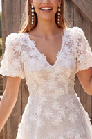 Load image into Gallery viewer, Floral A Line Ivory V-Neck Short Wedding Dress with Sleeves