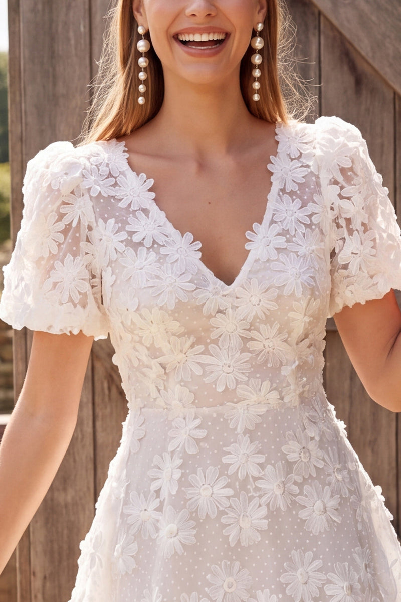 Load image into Gallery viewer, Floral A Line Ivory V-Neck Short Wedding Dress with Sleeves