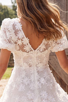 Load image into Gallery viewer, Floral A Line Ivory V-Neck Short Wedding Dress with Sleeves