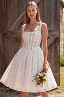 Load image into Gallery viewer, A Line Ivory Corset Square Neck Lace Midi Boho Wedding Dress