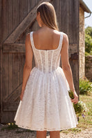 Load image into Gallery viewer, A Line Ivory Corset Square Neck Lace Midi Boho Wedding Dress