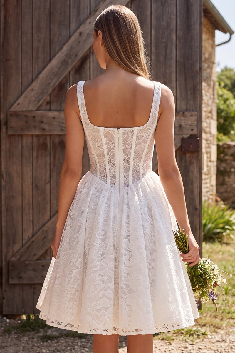 Load image into Gallery viewer, A Line Ivory Corset Square Neck Lace Midi Boho Wedding Dress