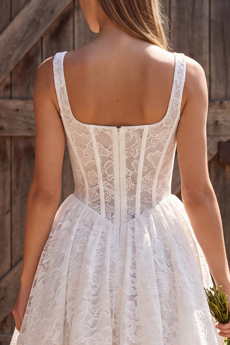 Load image into Gallery viewer, A Line Ivory Corset Square Neck Lace Midi Boho Wedding Dress