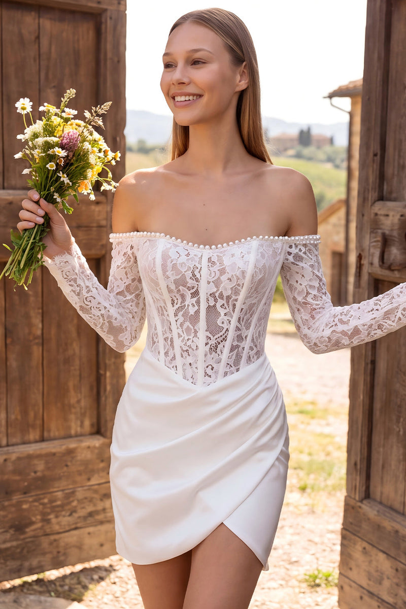Load image into Gallery viewer, Bodycon Corset Ivory Lace Off The Shoulder Ruched Short Wedding Dress with Pearls