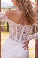 Load image into Gallery viewer, Bodycon Corset Ivory Lace Off The Shoulder Ruched Short Wedding Dress with Pearls