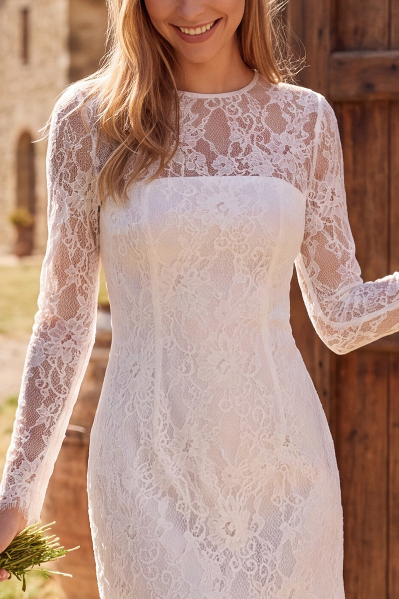 Load image into Gallery viewer, Tight Ivory Lace Floral Short Boho Wedding Dress with Sleeves