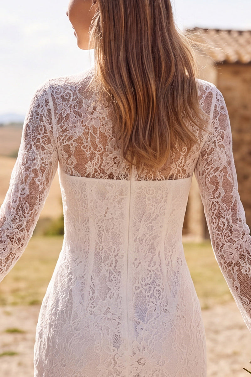 Load image into Gallery viewer, Tight Ivory Lace Floral Short Boho Wedding Dress with Sleeves