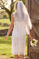 Load image into Gallery viewer, Ivory Bodycon Boat Neck Lace Floral Midi Boho Wedding Dress
