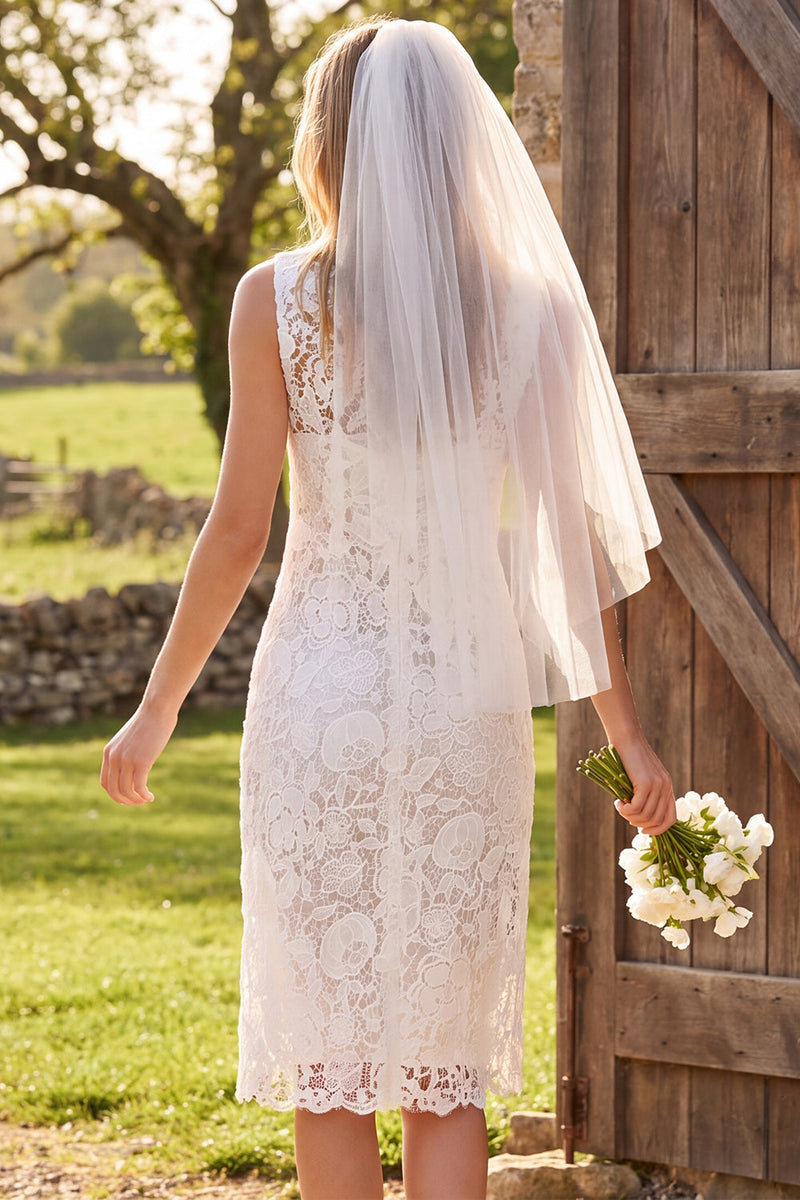 Load image into Gallery viewer, Ivory Bodycon Boat Neck Lace Floral Midi Boho Wedding Dress