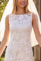 Load image into Gallery viewer, Ivory Bodycon Boat Neck Lace Floral Midi Boho Wedding Dress
