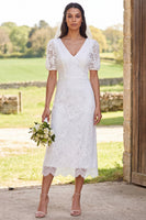 Load image into Gallery viewer, A Line Lace Ivory V-Neck Midi Floral Boho Wedding Dress with Sleeves