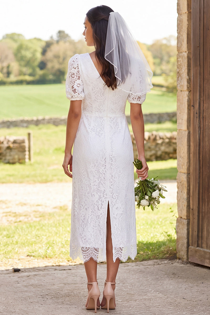 Load image into Gallery viewer, A Line Lace Ivory V-Neck Midi Floral Boho Wedding Dress with Sleeves
