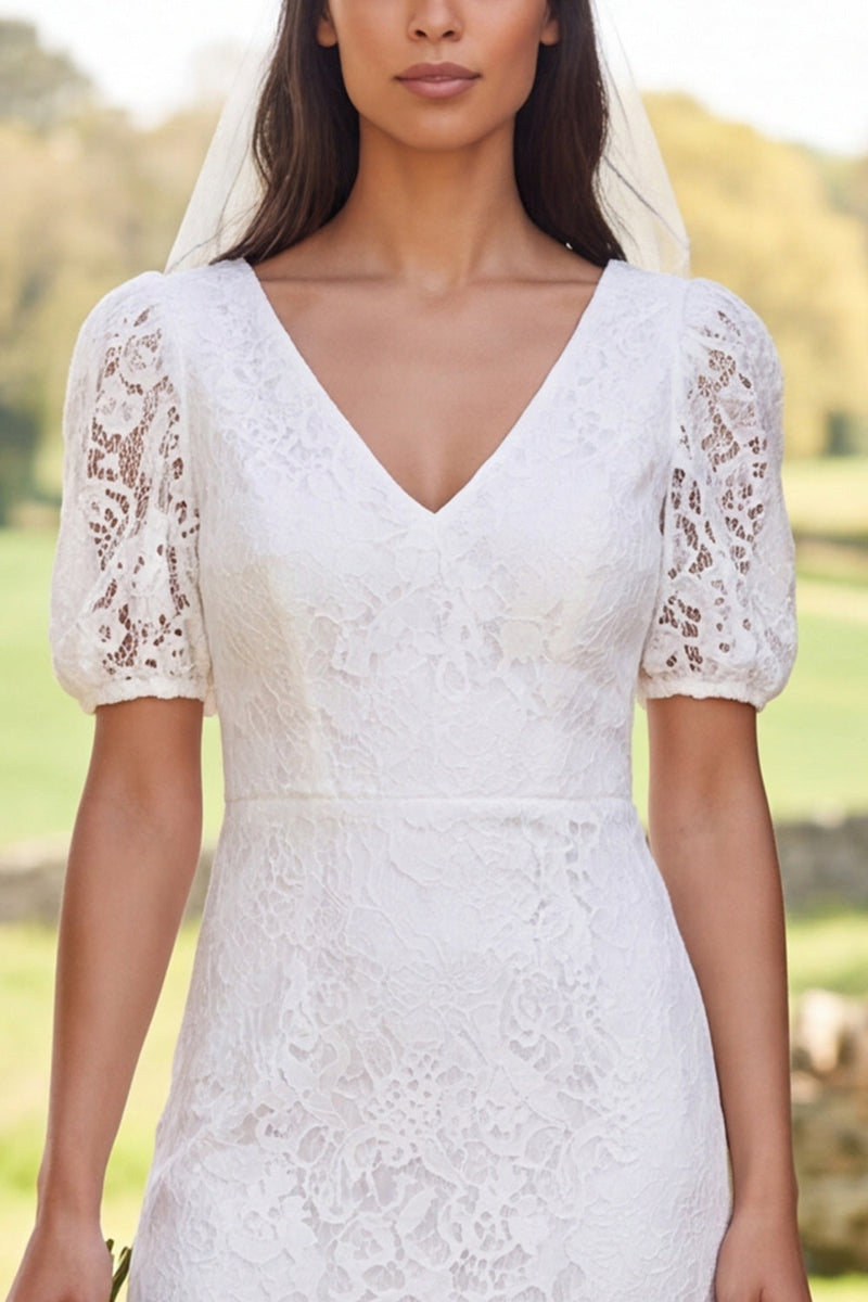 Load image into Gallery viewer, A Line Lace Ivory V-Neck Midi Floral Boho Wedding Dress with Sleeves