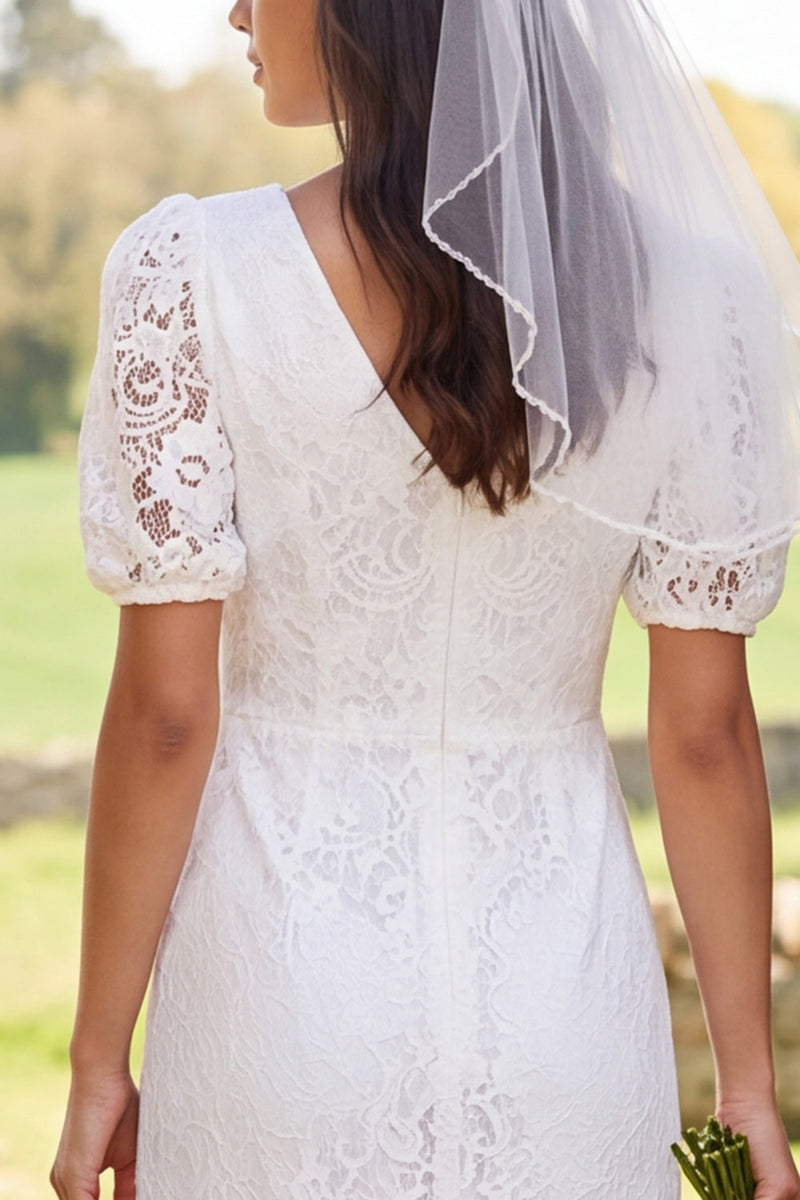 Load image into Gallery viewer, A Line Lace Ivory V-Neck Midi Floral Boho Wedding Dress with Sleeves