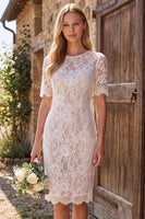Load image into Gallery viewer, Bodycon Ivory Round Neck Lace Floral Midi Boho Wedding Dress with Sleeves