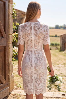 Bodycon Ivory Round Neck Lace Floral Midi Boho Wedding Dress with Sleeves