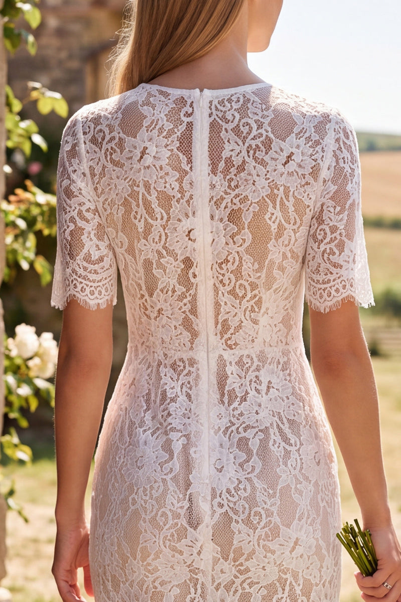 Load image into Gallery viewer, Bodycon Ivory Round Neck Lace Floral Midi Boho Wedding Dress with Sleeves