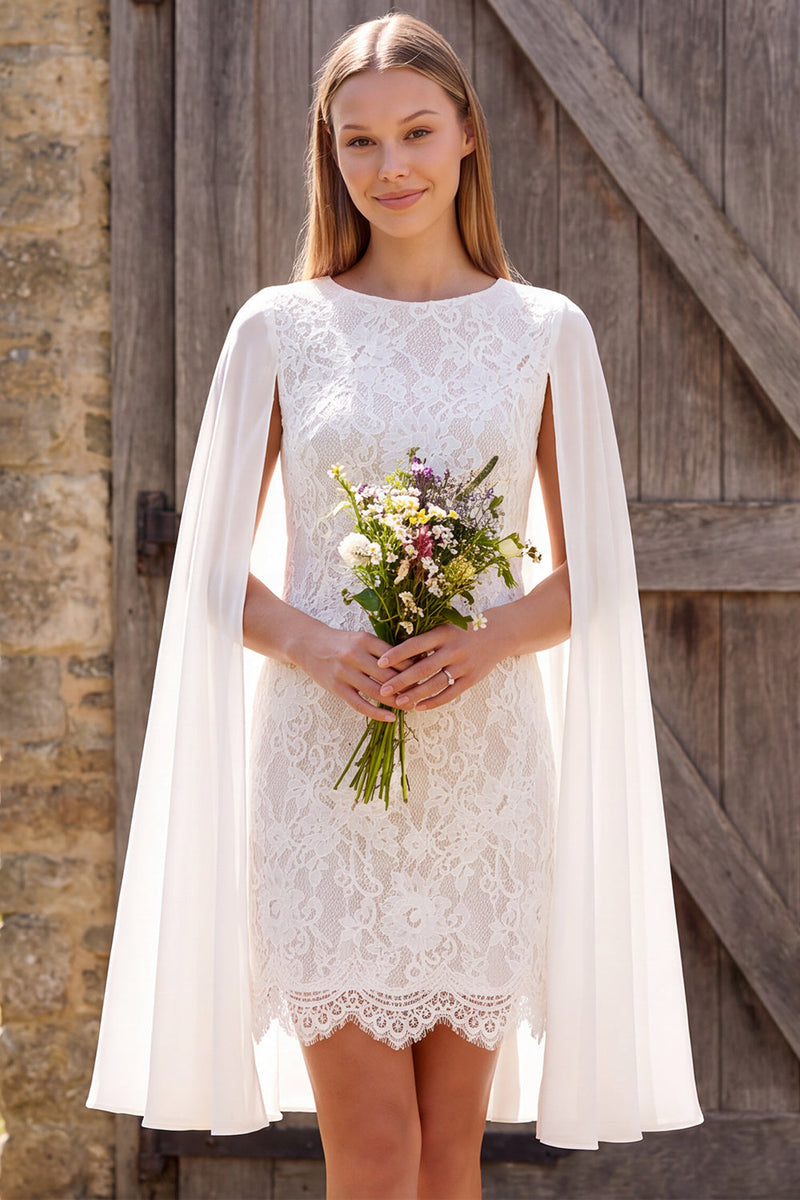 Load image into Gallery viewer, Lace Ivory Floral Round Neck Tight Short Boho Wedding Dress with Cape